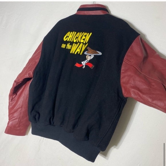 Vintage Chicken On The Way Wool Bomber With Leather Sleeves And Trim XL - Picture 14 of 15